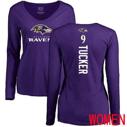 Baltimore Ravens Purple Women Justin Tucker Backer NFL Football #9 Long Sleeve T Shirt